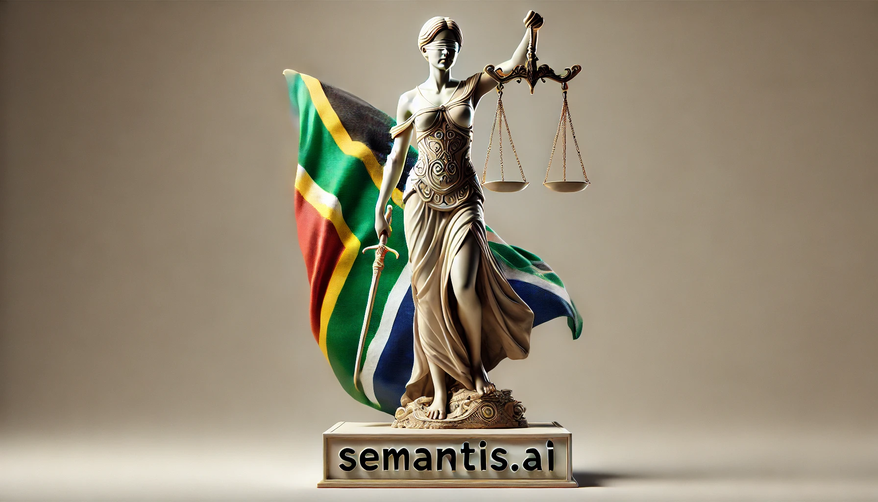 2024-07-22 A depiction of Lady Justice, draped in a South African flag.