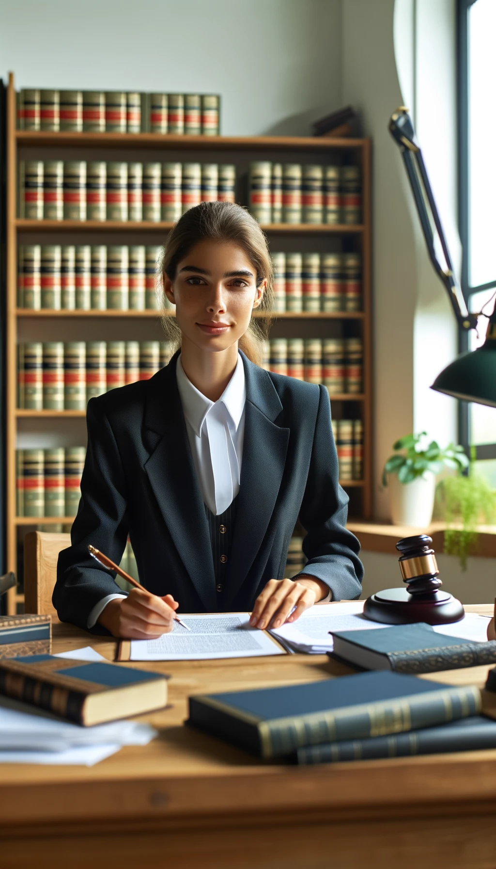 A portrait of a female barrister sitting at a desk.